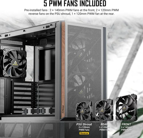 Miniatura 3 de Antec P30 AIR, 2 ventiladores PWM de 5.512 in y 1 ventilador PWM de 4.724 in y 2 ventiladores inversos PWM de 4.724 in incluidos, detalles de madera