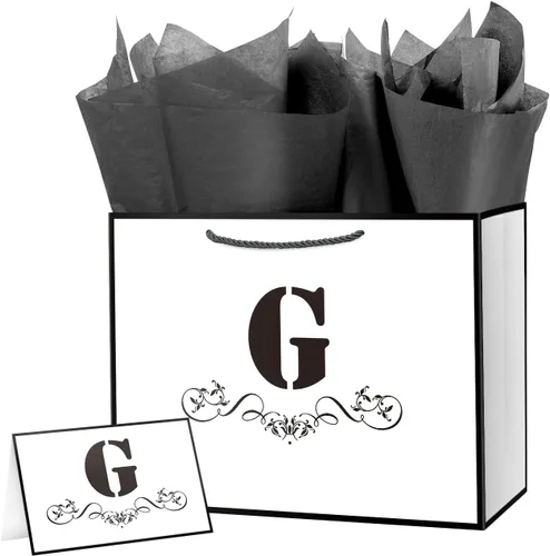 ysmile Bolsa de regalo de letras con papel de seda para hombres, bolsa grande de 12 pulgadas, color blanco y negro, para cumpleaños, aniversario,