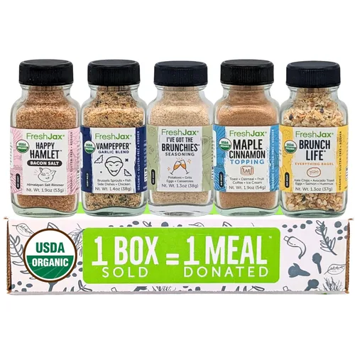 FreshJax Set de Condimentos para Desayuno con Caja de Regalo – 5 Especias Orgánicas para Huevos, Omelettes, Tostadas de Aguacate, Panqueques, Avena,