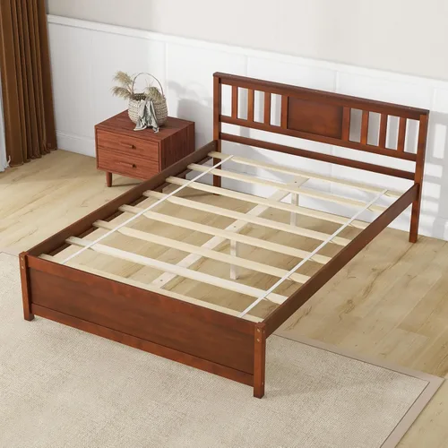 Miniatura 9 de Giantex Marco de cama de plataforma de madera maciza de tamaño matrimonial, marco de cama matrimonial de mediados de siglo con cabecero, soporte