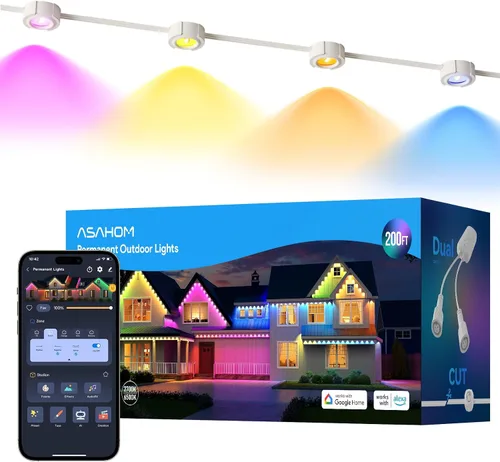 Miniatura 13 de ASAHOM AI - Luces permanentes para exteriores S107B, 100 pies con 72 luces LED RGBCW, 30,000 efectos de iluminación, controlador con doble salida