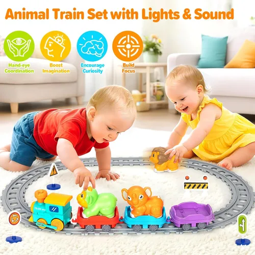 Miniatura 5 de Juego de tren eléctrico para niños pequeños, juguetes realistas de tren de vapor para niños con vías, juguetes de animales para niños pequeños de 1