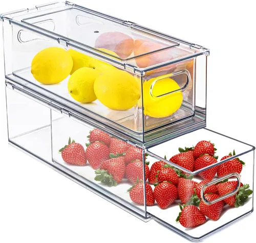Paquete de 2 organizadores de nevera y almacenamiento con cajón extraíble, cajones de almacenamiento apilables, organizadores de refrigerador