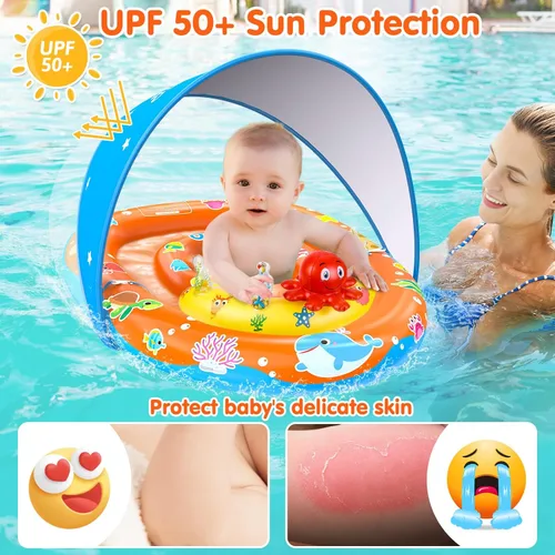 Miniatura 2 de EZIGO Baby Pool Float with Canopy UPF 50+ Sun Protection, Double Air Chambers Infants Swimming Floats with Sound Toys Adjustable Safety Seat Toddler