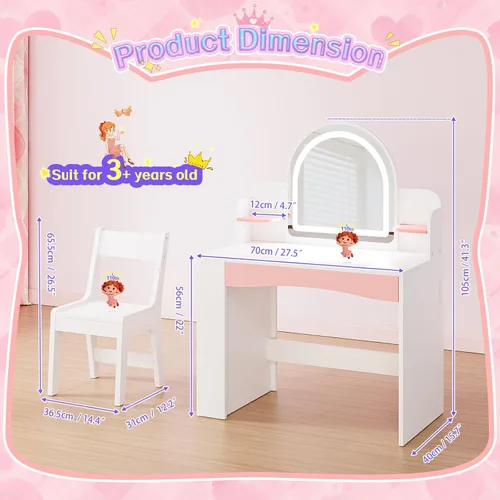 Miniatura 8 de Teckid Juego de mesa y silla para niños con luces, escritorio de tocador para niñas, tocador de maquillaje de princesa para niños con estantes