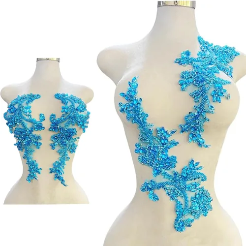 Miniatura 19 de Parches de apliques de encaje brillantes hechos a mano con cuentas de costura, lentejuelas y accesorios para vestido de novia, un par/bolsa Plata