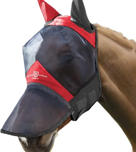 Miniatura 6 de Harrison Howard Pro Luminous Horse Fly Máscara de nariz larga con orejas protección UV para caballo, rojo escarlata, negro, mazorca mediana