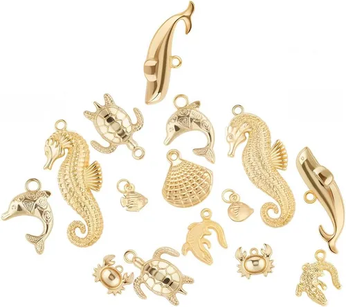 Miniatura 9 de SUNNYCLUE 1 caja de 1.90 oz de dijes chapados en oro real de 14 quilates a granel de oro de verano de océano, 16 piezas de dijes de vida marina