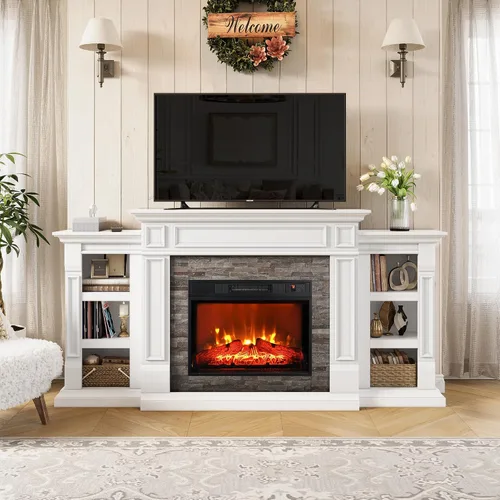 Miniatura 2 de Chimenea eléctrica de 72 pulgadas con repisa, soporte de TV para televisores de hasta 80 pulgadas, moderno centro de entretenimiento con Blanco