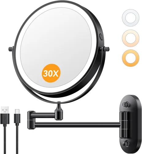 Miniatura 13 de Espejo de maquillaje iluminado de pared 30X/1X de 10 pulgadas, espejo de aumento de doble cara recargable de 5000 mAh con luz, espejo de tocador LED