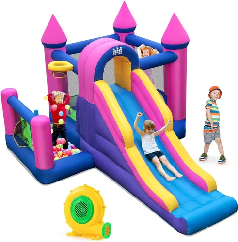 Miniatura 10 de HONEY JOY Casa inflable de rebote, casa hinchable 8 en 1 con área de salto, portería de fútbol, aro de baloncesto, juego de objetivo y lanzamiento