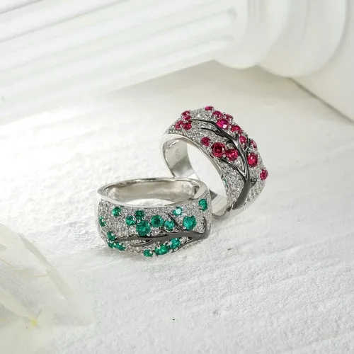 Miniatura 7 de RANDES Anillo de plata de ley 925 para mujer, diseño de ramas de cerezo, creado en laboratorio, rubí y esmeralda