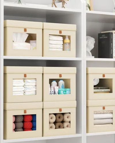 Miniatura 6 de Homsorout Contenedores de almacenamiento con tapa, organizador de armario con apertura lateral y ventana transparente, cesta plegable de tela Beige