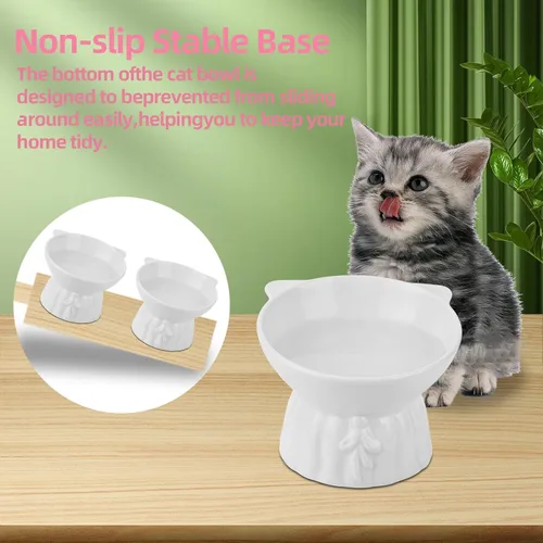 Miniatura 5 de Paquete de 2 cuencos elevados para gatos, platos elevados de cerámica para alimentos y agua para gatos, diseño extra ancho y poco profundo, Blanco