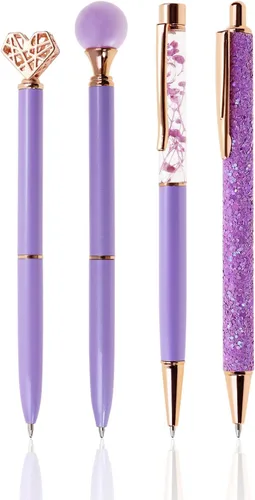 PENTA ANGEL Juego de 4 bolígrafos de tinta negra, metal con purpurina, bolígrafos de regalo femeninos para mujeres, bodas, oficina (morado)