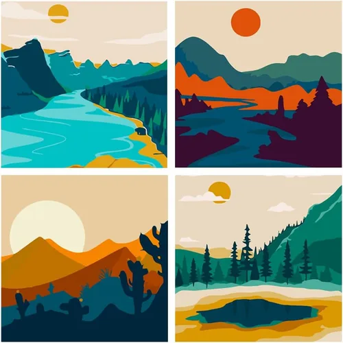 FQOVKYN Paquete de 4 pinturas de atardecer por números para adultos principiantes, pintura de paisajes por números sobre lienzo, pintura acrílica
