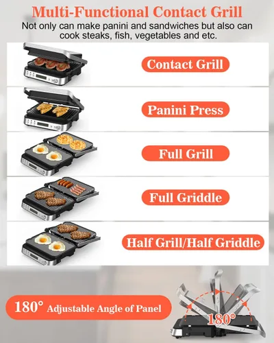 Miniatura 6 de Prensa Panini Parrilla Sandwichera con Platos Extraíbles, 1600W, 5 en 1 Parrilla Interior Sin Humo y Plancha con Termómetro para Carne, Parrillas