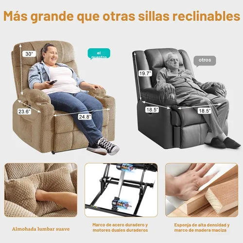 Miniatura 4 de CDCASA Silla Reclinable de Elevación Eléctrica de Gran Tamaño con Doble Motor que se Recuesta Completamente con Masaje, Calefacción, Textil