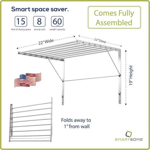 Miniatura 2 de Smartsome Montaje en la pared Estante de secado de ropa 22 pulgadas de ancho Capacidad de 15 pies lineales 8 varillas de acero inoxidable