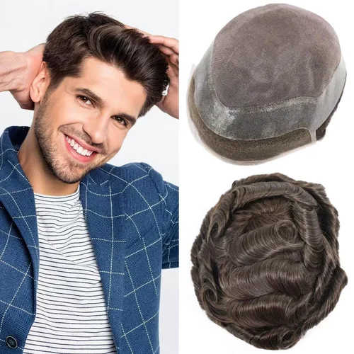 Miniatura 21 de HAPPY&CC Toupee - Piezas de cabello humano con encaje frontal suizo para hombre, parte superior fina mono con poliuretano alrededor de sistema de #1B