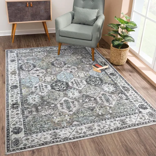 Miniatura 53 de Bloom Rugs Caria Alfombra Lavable Antideslizante de 7 pies - Azul/Carbón Alfombra Tradicional para Entrada, Pasillo, Baño y Cocina - Tamaño Exacto