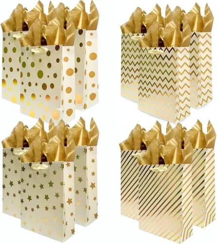 Miniatura 13 de UNIQOOO 12 bolsas de regalo de Navidad doradas metálicas a granel con asa, grandes de 12.5 x 10 pulgadas, bolsas de papel geométrico moderno surtido