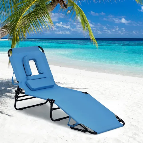 Miniatura 2 de GYMAX Sillón de playa, silla para tomar el sol, silla plegable ajustable reclinable con agujero para la cara