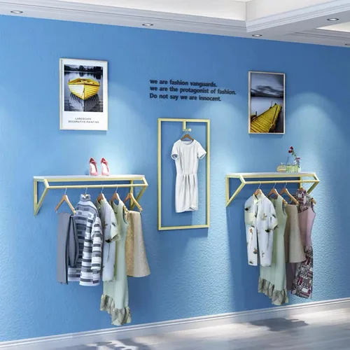 Miniatura 8 de Modern Simple - Estante de exhibición de metal resistente para hombres y mujeres, perchero de pared con madera, riel para ropa, toallero para colgar