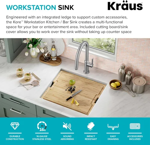 Miniatura 3 de KRAUS Kore KWU111-21 - Lavaplatos de cocina con estación de trabajo de 21 pulgadas, para empotrar, cubeta individual, de acero inoxidable calibre