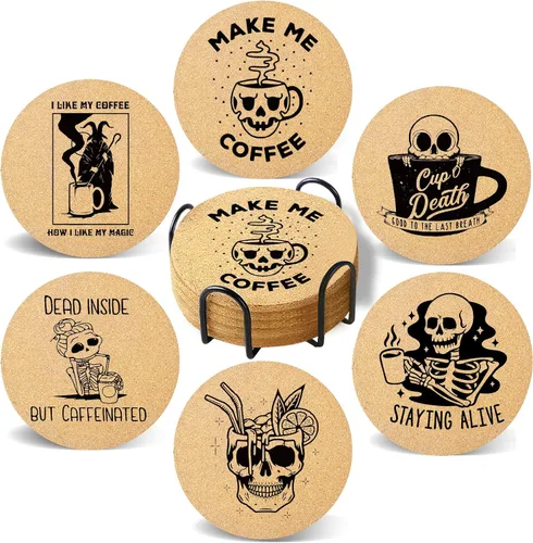 Juego de 6 posavasos de café para bebidas con soporte, posavasos de madera de corcho absorbente para escritorio, mesa de oficina, decoración de