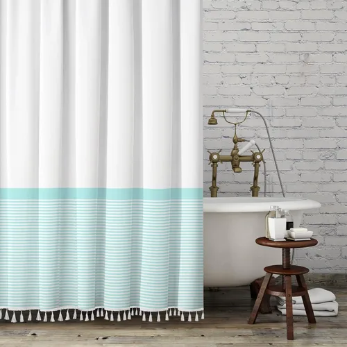 Seasonwood - Cortina de regadera blanca con rayas aguamarina y borlas, con temática de verano, océano y playa, cortina de baño degradada color verde