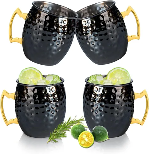 UNISWEET Moscow Mule - Juego de 4 tazas de cobre con acabado martillado pulido, forro de acero inoxidable 304 con mango de cobre dorado, perfecto
