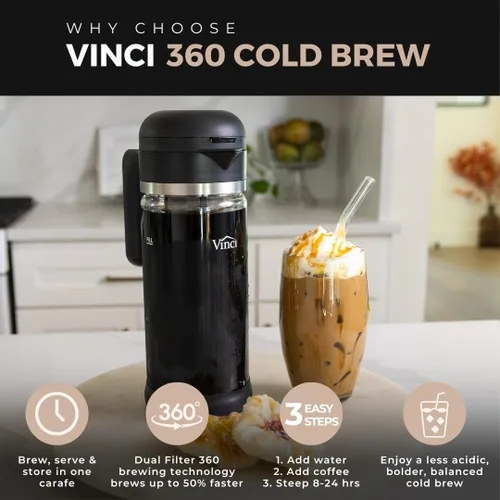 Miniatura 3 de VINCI Cold Brew 360, Cafetera de Vidrio para Cold Brew con Tecnología de Preparación de Doble Filtro 360 Patentada, Cold Brew para Café Helado