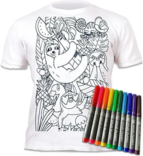Splat Planet Color-in Sloth Jungle - Camiseta con 10 bolígrafos mágicos lavables no tóxicos, camiseta para colorear y lavar