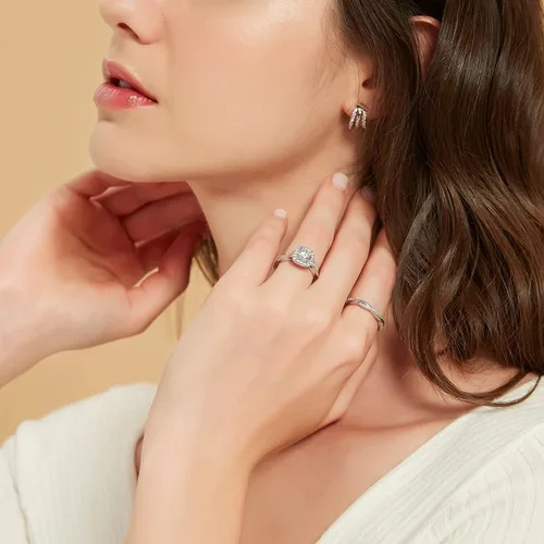 Miniatura 4 de Mameloly Juego de anillos de boda de 1.2 quilates para mujer, anillos de novia de corte redondo, circonita cúbica, halo de circonita cúbica, anillos