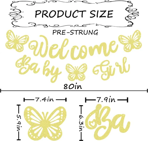 Miniatura 3 de Cartel de bienvenida preencordado para bebé niña, decoración de fiesta de bienvenida con purpurina dorada, perfecta para fiesta de revelación
