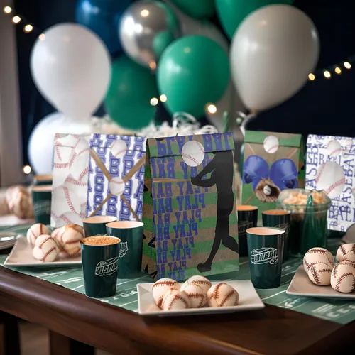 Miniatura 6 de Bolsas de regalo de fiesta de béisbol para niños – 24 bolsas de regalo de béisbol con 6 diseños, bolsas de papel para niños, temática deportiva