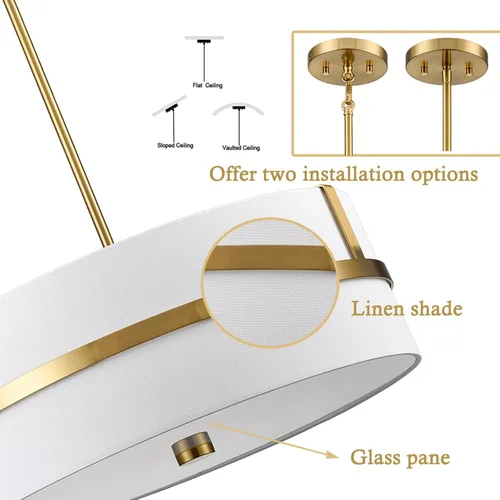 Miniatura 2 de HYDELITE Lámpara colgante dorada con tambor moderno 4 luces con pantalla de lino para comedor, sala de estar, dormitorio, isla de cocina