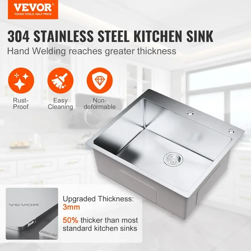 Miniatura 2 de VEVOR Fregadero de cocina, fregadero empotrado de acero inoxidable 304, cuenco individual de montaje superior con accesorios (paquete de 2), Plateado