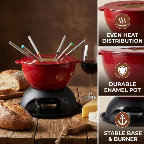 Miniatura 7 de Artestia Olla de fondue de hierro fundido para chocolate, olla de fondue de queso de 5 tazas con 6 tenedores de colores para fiesta de fondue, 4-6