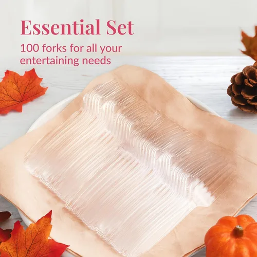 Miniatura 4 de Prestee Tenedores de plástico de 100 unidades, tenedores resistentes desechables para fiestas, eventos y catering, cubiertos transparentes y Plateado
