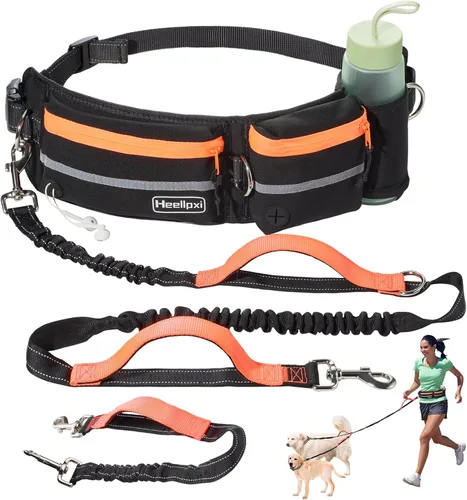 Miniatura 9 de Correa para perro con cinturón, costuras reflectantes, asas dobles, diseño retráctil elástico, perfecto para correr, negro, adecuado para perros