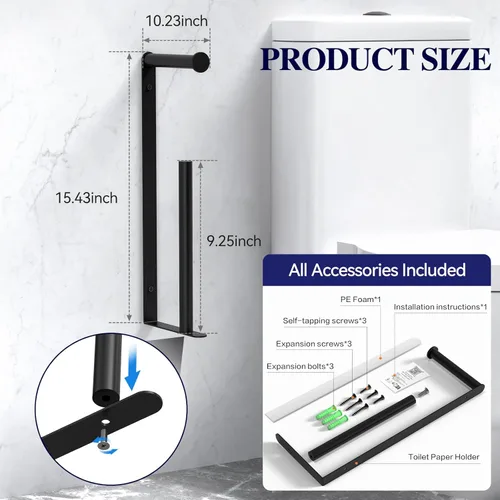 Miniatura 3 de Longzon Soporte de papel higiénico negro mate de pared autoadhesivo, soporte de papel higiénico de almacenamiento para 3 rollos de papel de seda