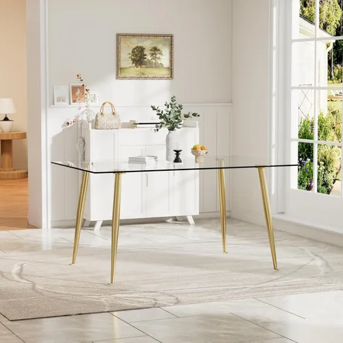 Miniatura 14 de Baysitone Mesa de comedor de cristal para 4 personas con tapa de vidrio rectangular transparente de 51 pulgadas, muebles de cocina de vidrio Negro
