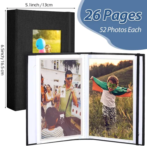 Miniatura 2 de Álbum de fotos pequeño de 6 piezas de 4 x 6 pulgadas, cubierta de lino con ventana frontal, álbum de recortes con capacidad para 52 fotos, mini Negro