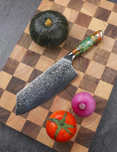 Miniatura 5 de Nakiri - Cuchillo de carnicero de 7.5 pulgadas, serie Xuan, cuchillo de cocina VG10 de acero de damasco, mango de resina (naranja fantasía)