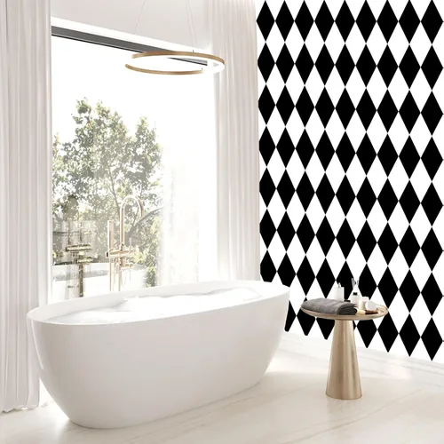 Miniatura 9 de Amiya Papel Pintado Negro y Blanco con Diamantes para Despegar y Pegar Papel de Vinilo Geométrico en Rombo para Cuarto de Lavado Cocina Baño Papel