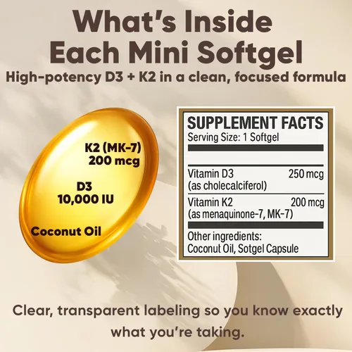 Miniatura 6 de Real Good Essentials Vitamina D3 K2, Essentials D3+K2 (MK7) Aceite de coco 300 cápsulas blandas, con vitaminas D y K (1)