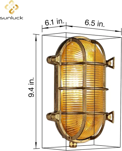 Miniatura 5 de Sunluck Luz de mamparo de latón, lámpara de pared náutica ovalada de rejilla, pantalla, iluminación de montaje en techo, luz de sauna impermeable