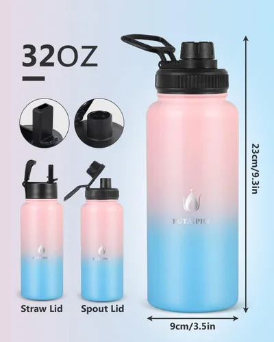 Miniatura 5 de Botella de agua aislada con tapa de pajilla, botella de agua deportiva aislada al vacío de 32 onzas, doble pared sin BPA, termo a prueba de sudor